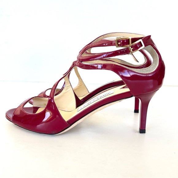 JIMMY CHOO Ivette Burgundy Patent Leather Double Side Buckle Heel Sandals Sz 37 - Picture 8 of 11